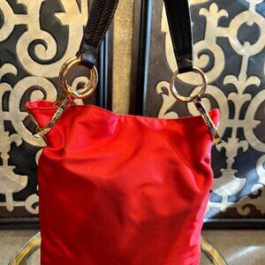 JKP Paris red fabric leather brown strap handbag